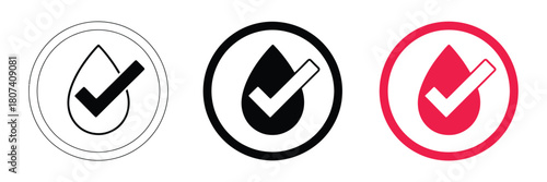 Three oval icons with a water drop and checkmark in different styles