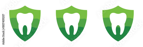 Three green shield icons with tooth silhouette for dental health protection