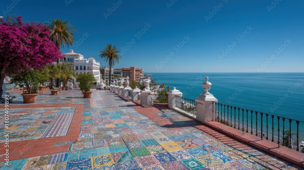 Fototapeta premium Colorful tiles and blooming bougainvillea create a stunning view overlooking the serene ocean.