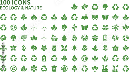 Mega vector set of 100 green ecology, nature, recycling, and environmental icons, symbolizing sustainability, renewable energy, and earth conservation.