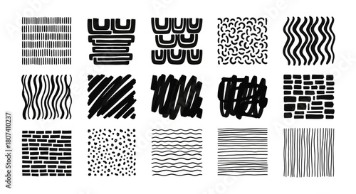 Sleek collection of abstract monochrome patterns, featuring diverse hand-drawn lines, expressive strokes, and graphic textures, ideal for modern design and creative backgrounds