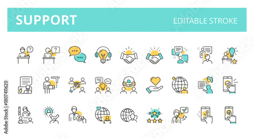 Modern support and communication thin line icon pack. A sleek collection of editable stroke pictograms for helpdesk and user interface design