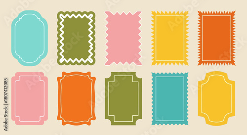 A colorful set of ten retro label frames with decorative scalloped, zigzag, and postage stamp border designs