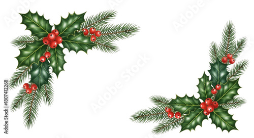 Christmas corner decoration with holly leaves, red berries, and fir branches isolated on transparent background, perfect for adding a festive touch to your designs © Taslima