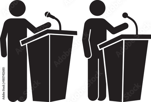 Two figures speaking at podiums silhouette