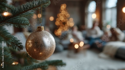 Wallpaper Mural Gold Christmas ornament hanging on fir branch with blurred family and warm bokeh lights in cozy living room holiday scene Torontodigital.ca