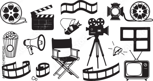 Collection of black and white cinema and film production icons movie camera on transparent background