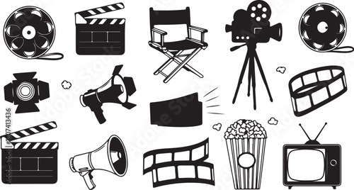 Collection of Black and White Cinema and Movie Icons film reel clapperboard on transparent background