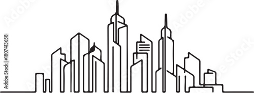 Minimalist Line Art Cityscape Silhouette with Tall Buildings Keywords: cityscape, skyline, city, buildings, architecture, urban, modern, tall, skyscraper, silhouette, line on transparent background
