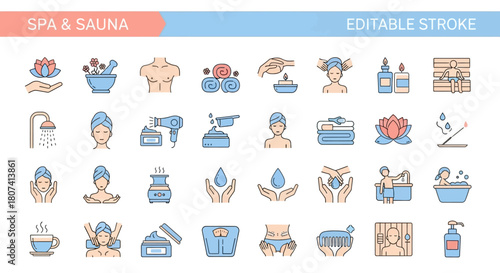 Set of 34 sleek line icons for spa, sauna, and wellness. A versatile collection of editable stroke symbols for beauty and relaxation