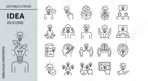 Collection of thin line icons for idea generation and innovation. Concepts of creativity and brainstorming in a sleek editable stroke vector set