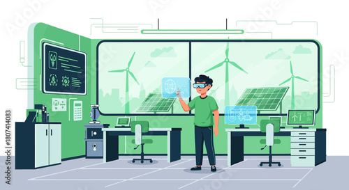 Innovative energy solutions visualized in a tech-driven eco-friendly lab environment for
