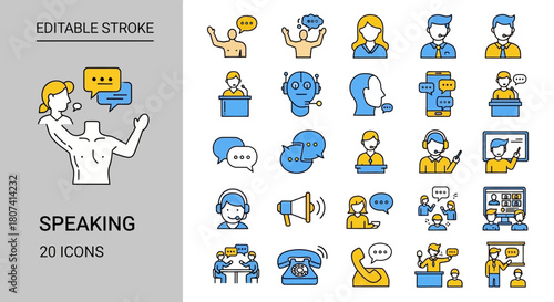 A collection of 20 editable line icons representing various aspects of communication and public speaking, including dialogue, presentations, and customer service