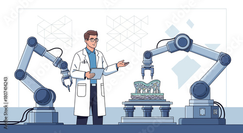 Innovative medical technology concept featuring robotic arms and a doctor overseeing 3D tissue