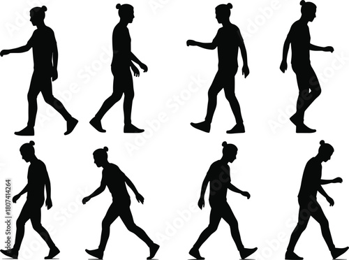 Walking silhouette, human gait, motion cycle, bun hairstyle, black figure, animation reference, walking stages, profile view, biomechanics, step sequence