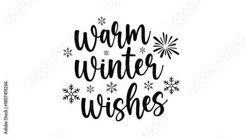 Beautiful black silhouette of the phrase warm winter wishes surrounded by snowflakes and a burst of light perfect for holiday cards and winter decorations silhouette