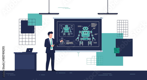 Innovative robot design presentation with engineer showcasing future technology details