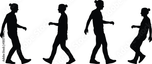 Walking silhouette, human motion, casual walk, black figure, gait cycle, bun hairstyle, walking stages, biomechanics, animation reference, motion study