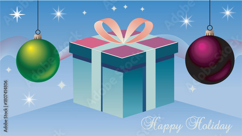 Festive holiday gifts with ornaments and a celebratory background design