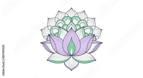 Symmetrical stylized vector illustration of a lotus flower mandala design featuring delicate linework in soft lavender and pale mint green hues