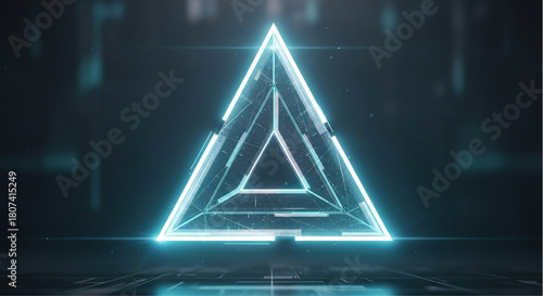 Futuristic glowing cyan holographic triangle structure suspended above a dark digital surface with lens flares and particles