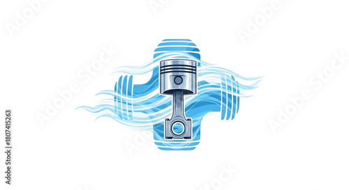 Stylized engine piston illustration centered with abstract blue wave patterns suggesting cooling or motion
