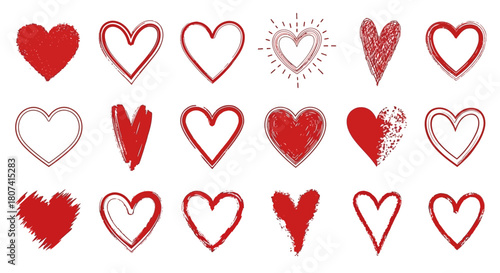 Collection of hand-drawn red heart icons representing love, emotion, and passion