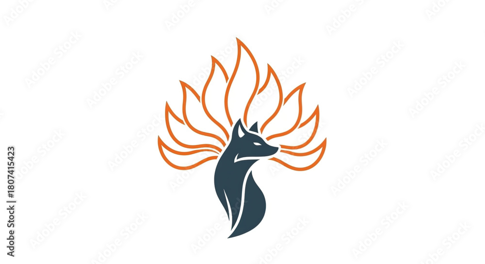 Obraz premium Stylized modern logo design featuring the silhouette of a fox's head with nine flowing tails stylized as flames or leaves