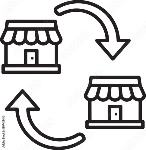 Two stores with arrows indicating exchange 
