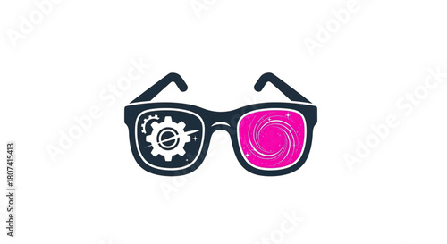 Stylized icon of modern eyeglasses featuring a mechanical gear in one lens and a vibrant pink swirling galaxy in the other lens