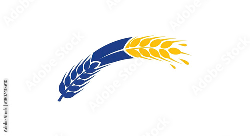 Stylized curved graphic design featuring a split wheat or grain stalk in deep blue and bright golden yellow colors