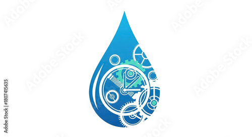 Stylized blue water droplet silhouette containing complex mechanical gears and clockwork elements in turquoise and white