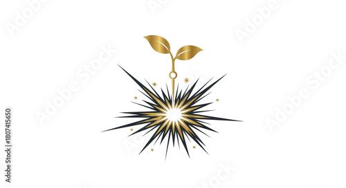 Golden sprout growing from a dark and bright star burst explosion symbolizing growth and success