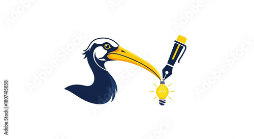 Stylized illustration of a dark blue bird head with a long yellow beak connected to a fountain pen drawing a glowing lightbulb idea