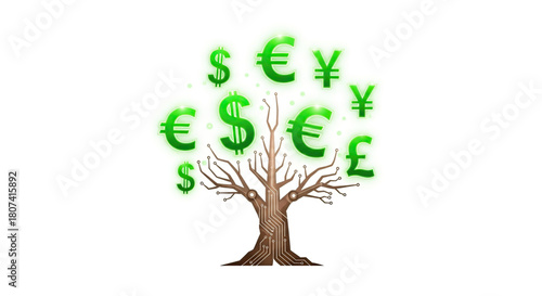 Digital circuit board stylized tree trunk growing glowing green currency symbols against a white background