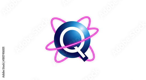 Futuristic dark blue sphere icon with a white letter Q at the center surrounded by glowing neon pink orbital rings on a white background