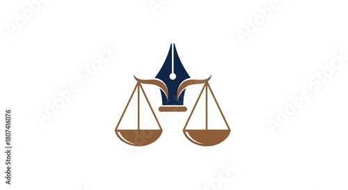 Logo design featuring a dark blue fountain pen nib centered above brown scales of justice in a balanced composition