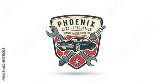 Vintage style emblem for auto restoration featuring a classic muscle car crossed by a wrench and spark plug