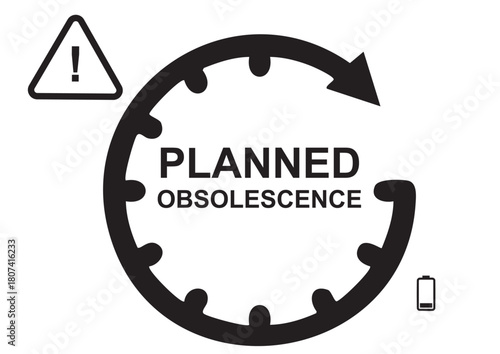 Planned Obsolescence Concept with Circular Arrow and Warning Icons isolated on transparent background. Device lifecycle risks. Black and white vector ideal for business. Vector illustration