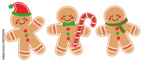 Collection of Christmas gingerbread men with a hat, scarf, and candy cane in striped vector on a transparent background.