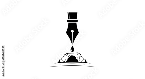 Black and white minimalist logo design featuring a fountain pen nib dripping ink onto a stylized cave or rock formation illustration