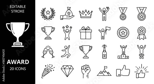 A sleek line collection of victory and achievement icons, perfect for illustrating success, celebration, and recognition with modern editable stroke vector graphics