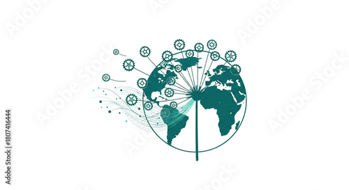 Teal graphic illustration of a stylized globe with radiating lines connecting to various gears symbolizing global mechanics innovation and connectivity