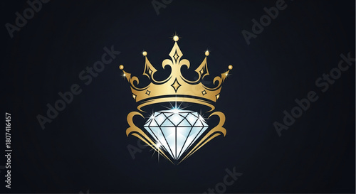 Elegant royal emblem featuring a brilliant diamond gemstone set beneath a shining golden crown on a dark background