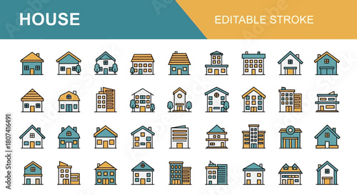 Collection of house icons and building illustrations with editable stroke and clean lines
