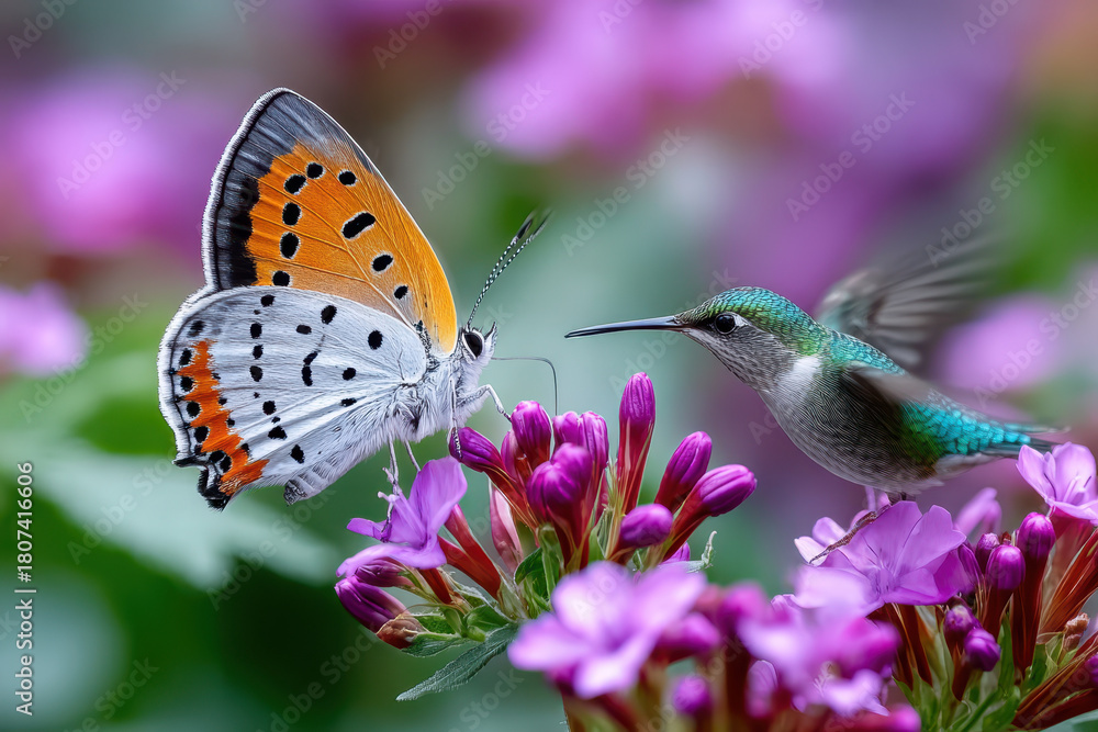 Fototapeta premium Hummingbird and Butterfly on Purple Flowers