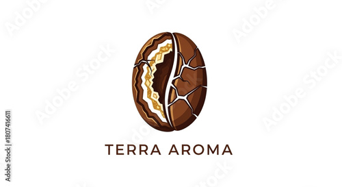 Logo design featuring a stylized coffee bean cracked open to reveal golden crystalline interior with accompanying brand text for Terra Aroma