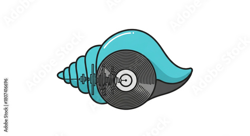 Teal seashell shape stylized with a black vinyl record and an audio sound wave graphic inside