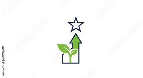 A modern concept icon featuring a green plant sprout growing upward inside a stylized house frame leading to a successful star achievement