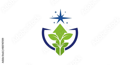Stylized shield logo design featuring a growing green plant sprout with an upward arrow shape under a shining blue guiding star